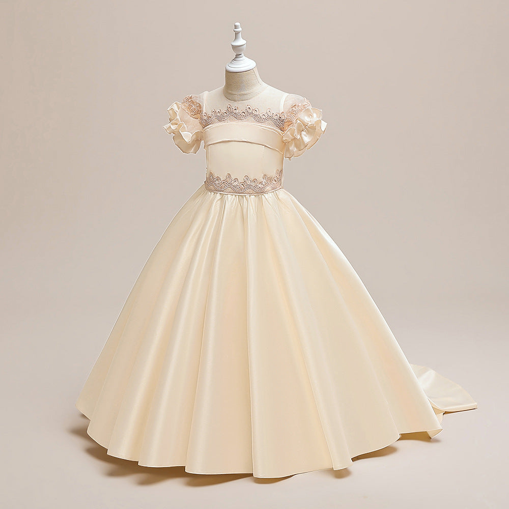 Champagne Satin Embroidered Maxi Princess Dress for Girls (5-12Y)