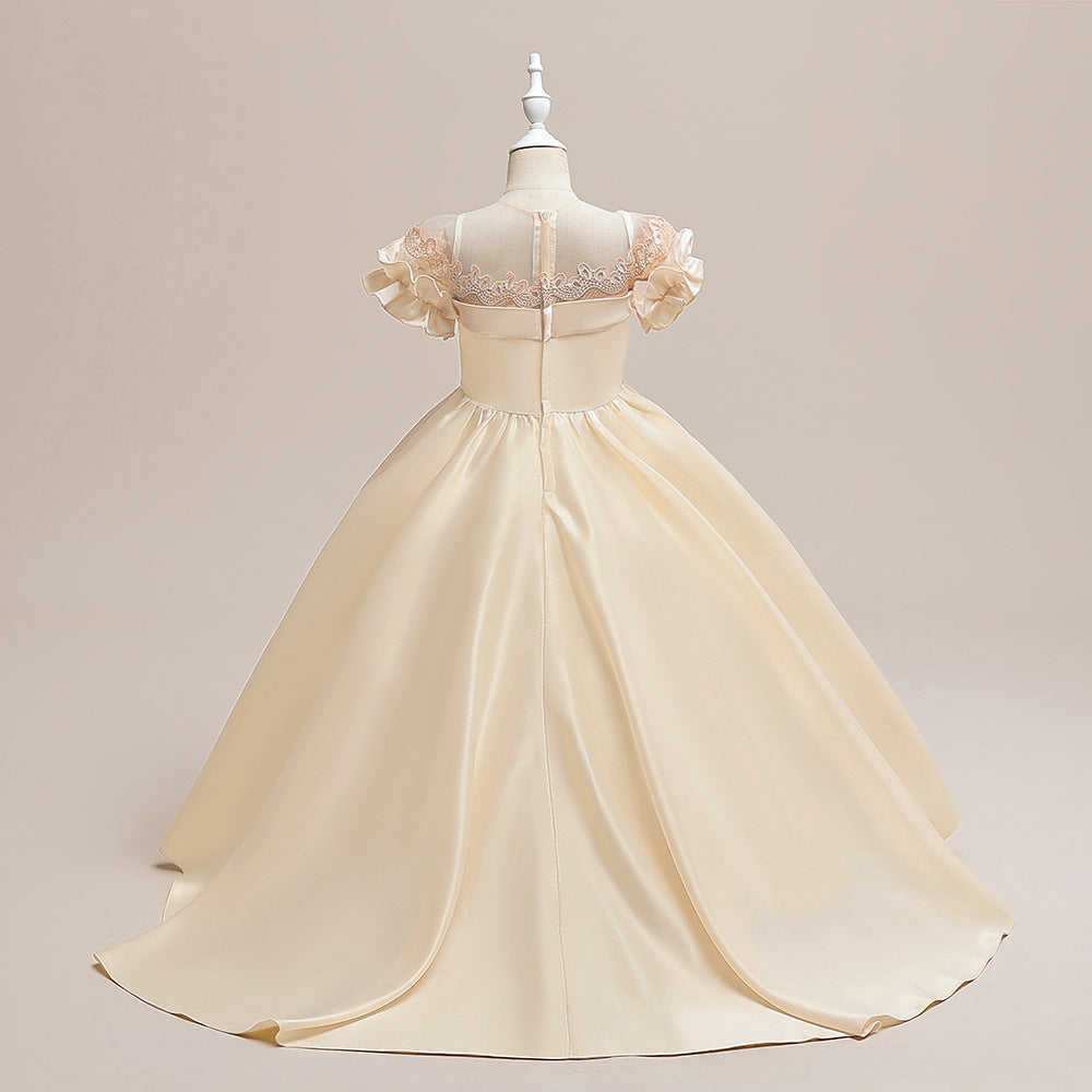 Champagne Satin Embroidered Maxi Princess Dress for Girls (5-12Y)