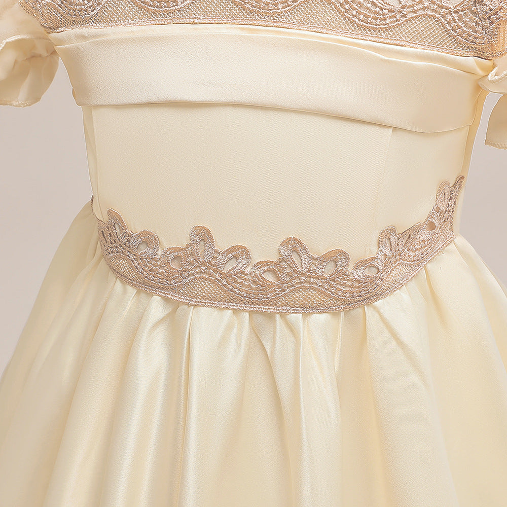 Champagne Satin Embroidered Maxi Princess Dress for Girls (5-12Y)