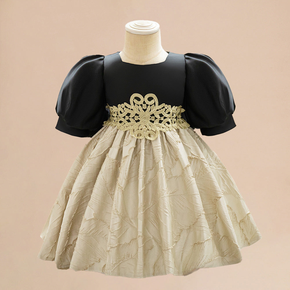 Champagne Princess Dress for Baby Girls – A-Line Satin Party Dress with Bow & Embroidery