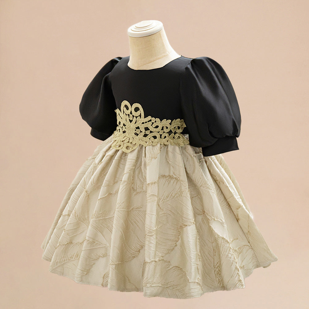 Champagne Princess Dress for Baby Girls – A-Line Satin Party Dress with Bow & Embroidery