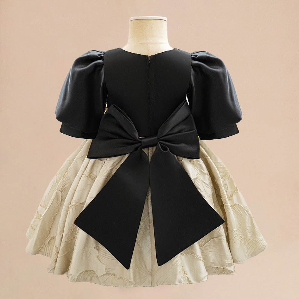 Champagne Princess Dress for Baby Girls – A-Line Satin Party Dress with Bow & Embroidery