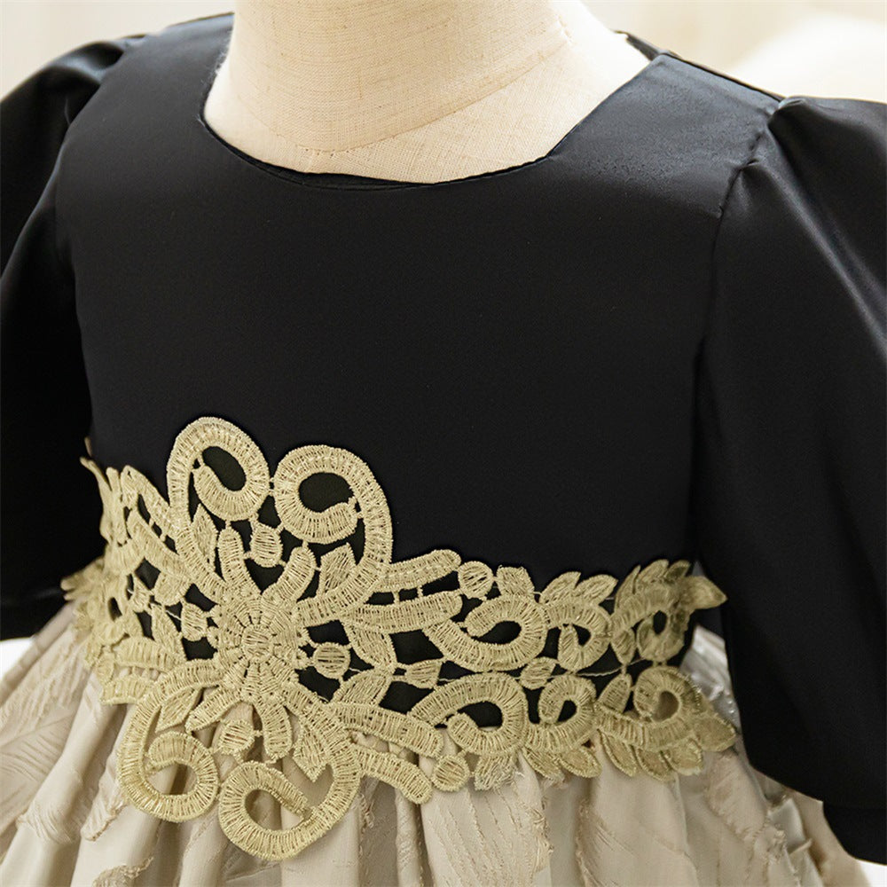 Champagne Princess Dress for Baby Girls – A-Line Satin Party Dress with Bow & Embroidery