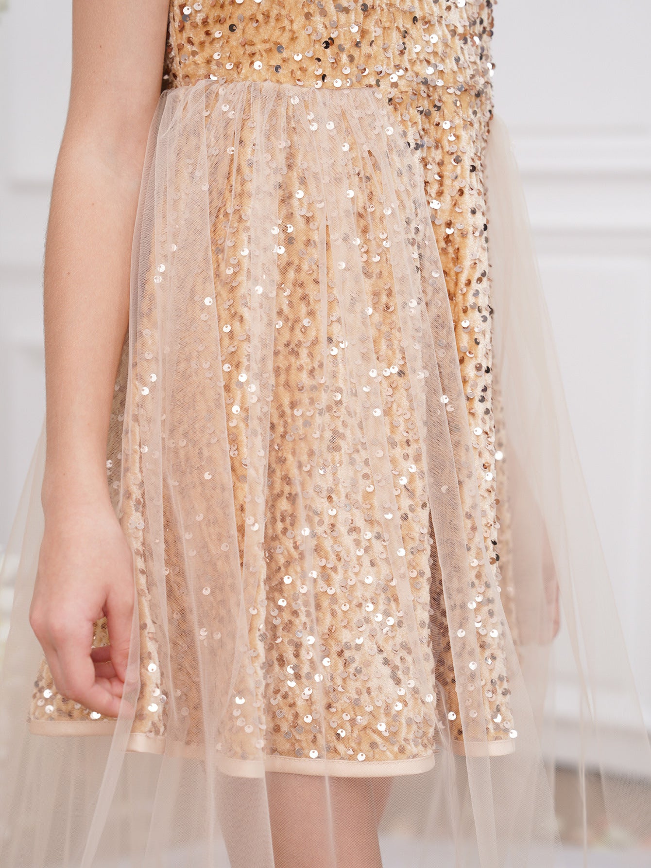 Champagne Sequin A-Line Party Dress for Kids | Cute Princess Tulle Gown