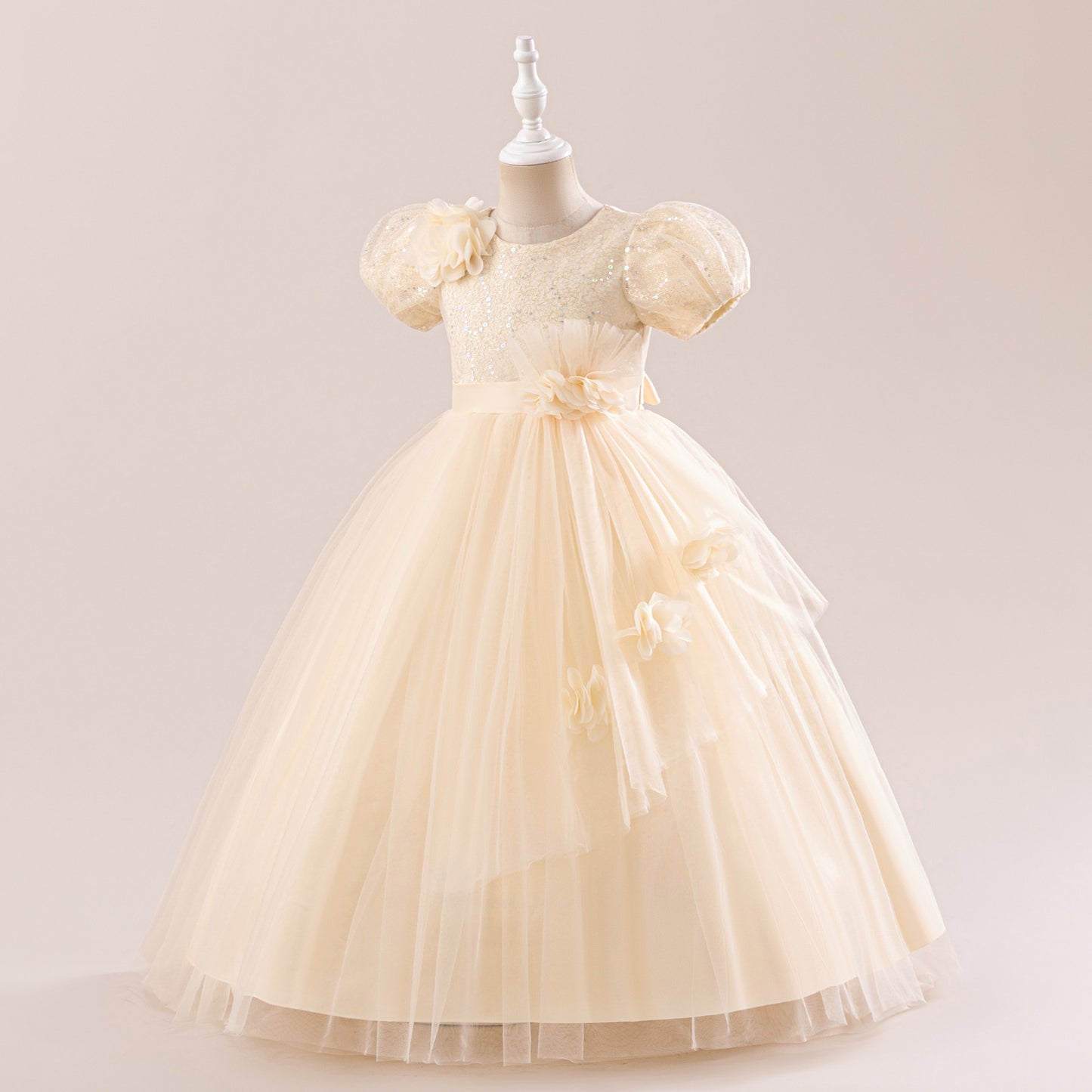 Frocklet Champagne Puff Sleeve Sequin Maxi Dress for Girls – Flower Girl Princess Dress 2