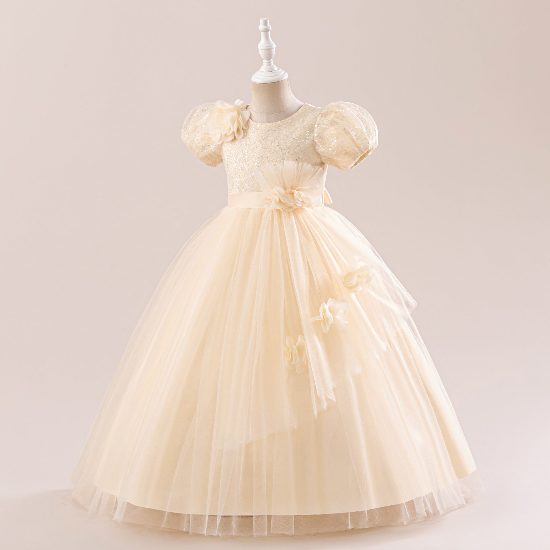 Frocklet Champagne Puff Sleeve Sequin Maxi Dress for Girls – Flower Girl Princess Dress 2