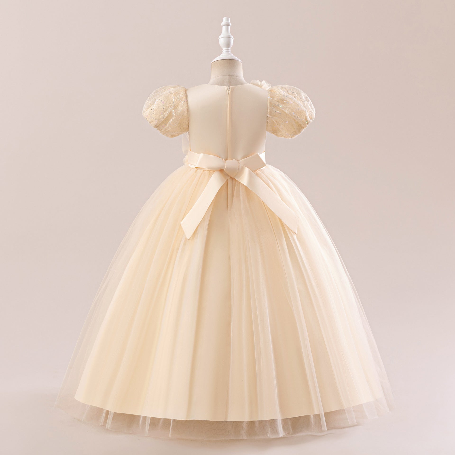 Frocklet Champagne Puff Sleeve Sequin Maxi Dress for Girls – Flower Girl Princess Dress 3