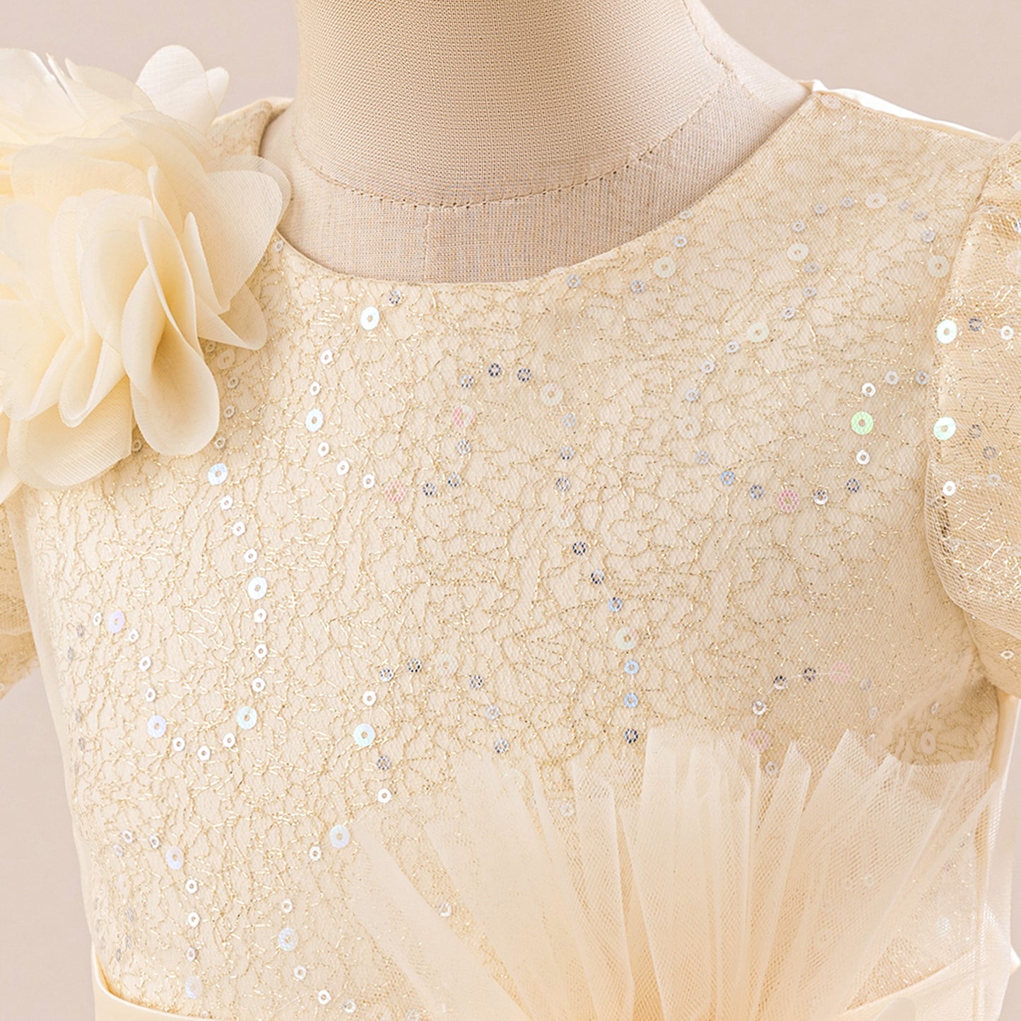 Frocklet Champagne Puff Sleeve Sequin Maxi Dress for Girls – Flower Girl Princess Dress 5