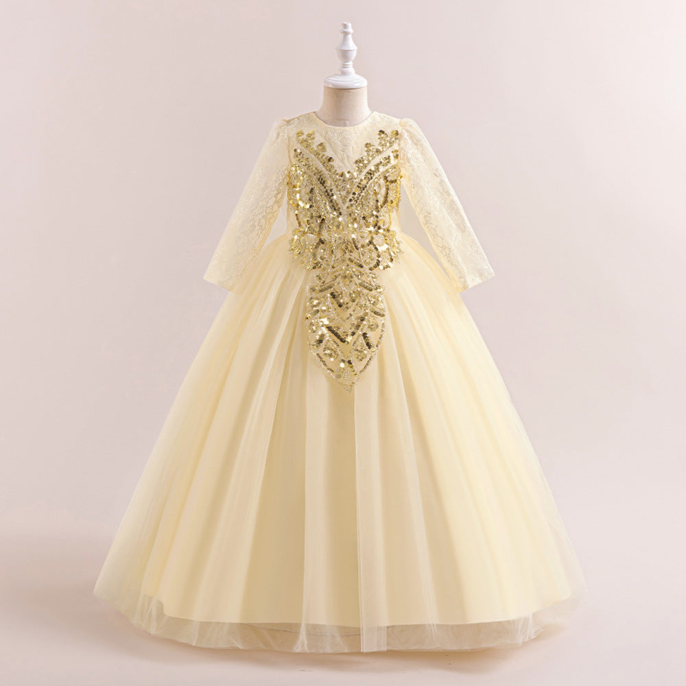 Champagne A-Line Tulle Maxi Dress for Girls with Lace & Sequins | Special Occasion Gown