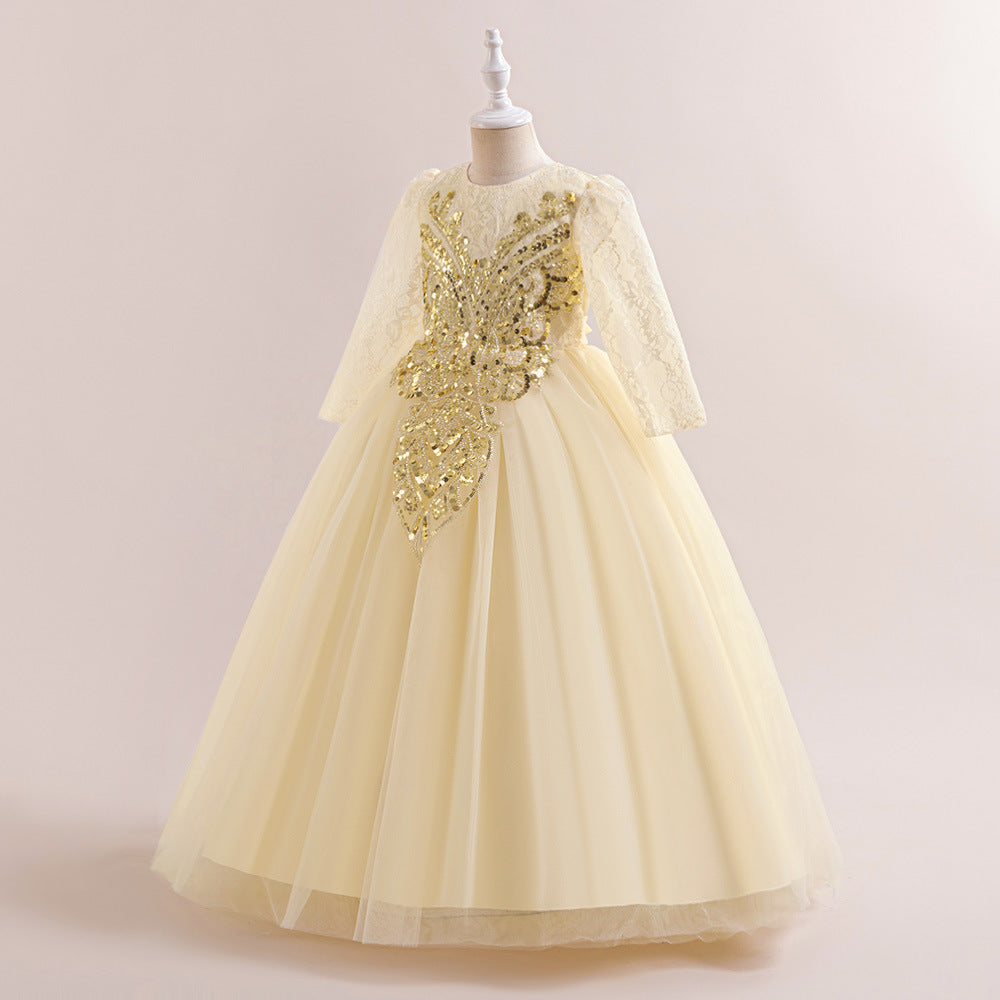 Champagne A-Line Tulle Maxi Dress for Girls with Lace & Sequins | Special Occasion Gown