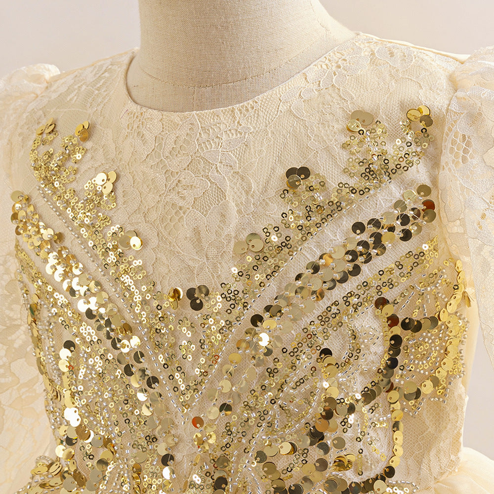 Champagne A-Line Tulle Maxi Dress for Girls with Lace & Sequins | Special Occasion Gown