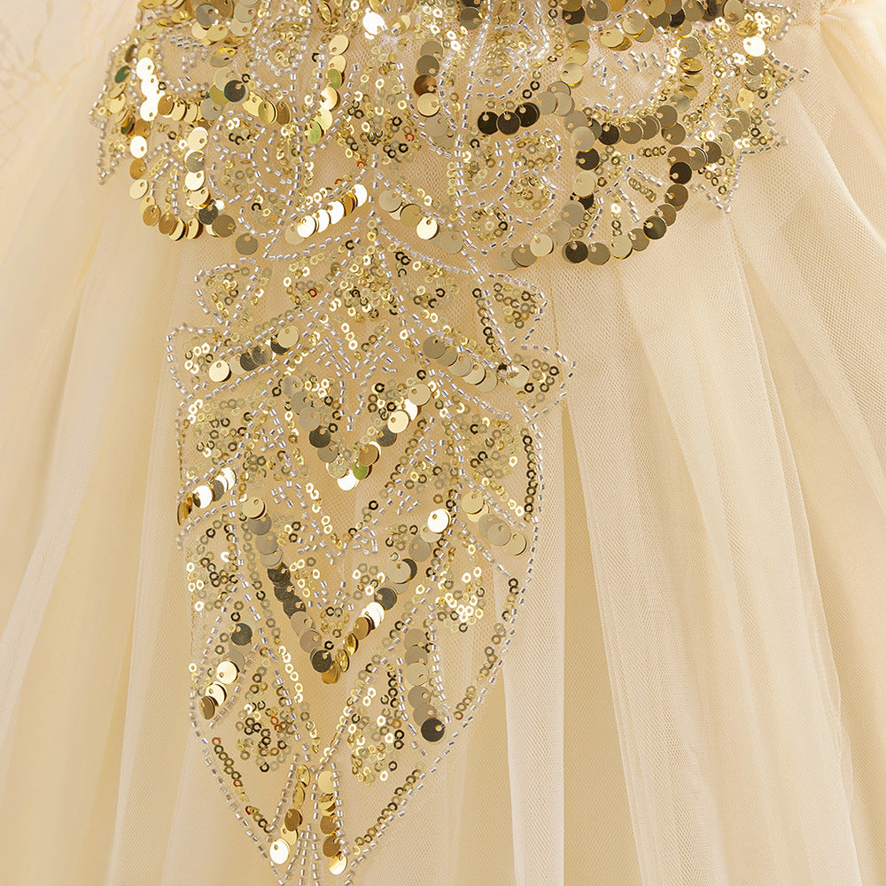 Champagne A-Line Tulle Maxi Dress for Girls with Lace & Sequins | Special Occasion Gown