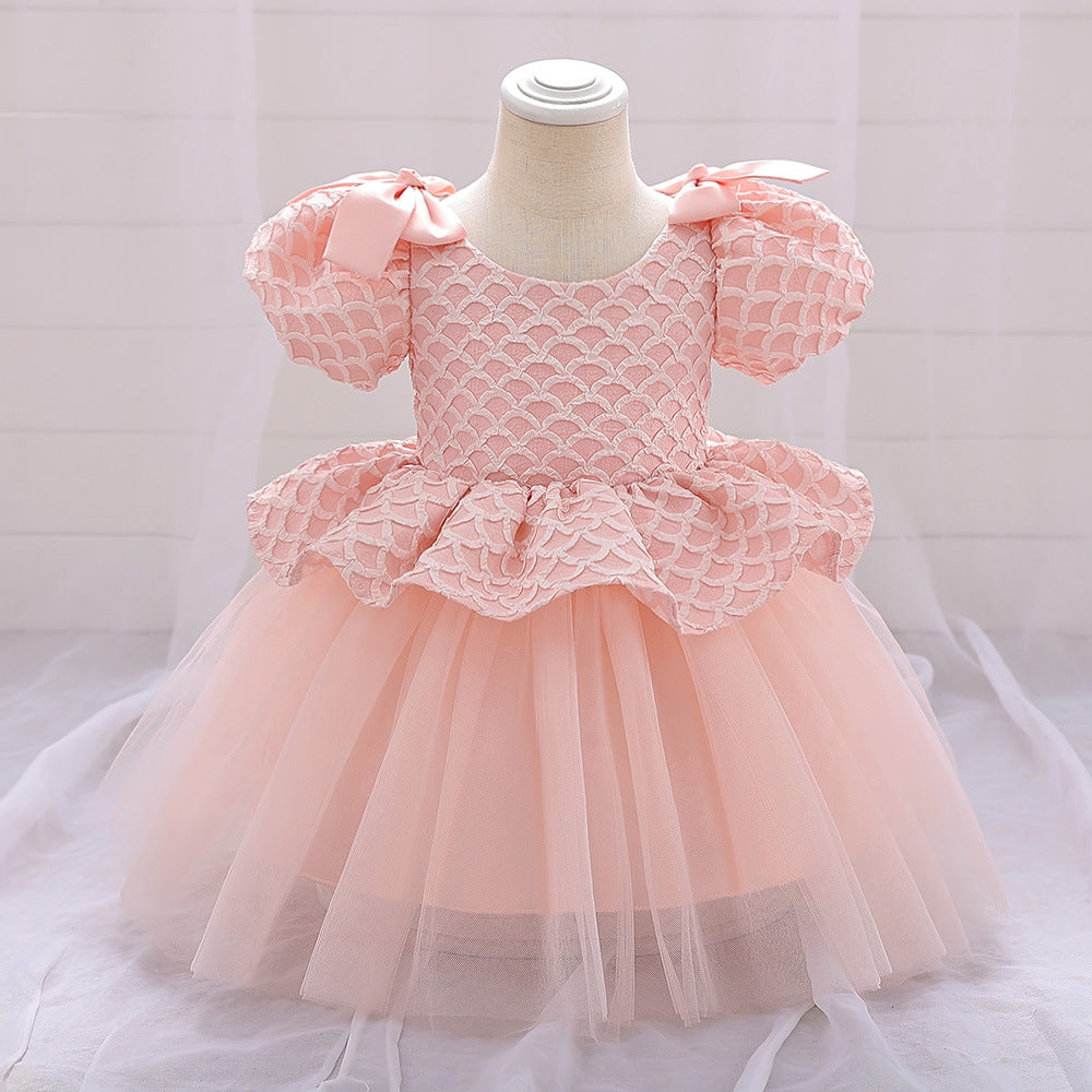 Cute Puff Sleeve A-Line Baby Dress with Bowknot & Ruffle Skirt