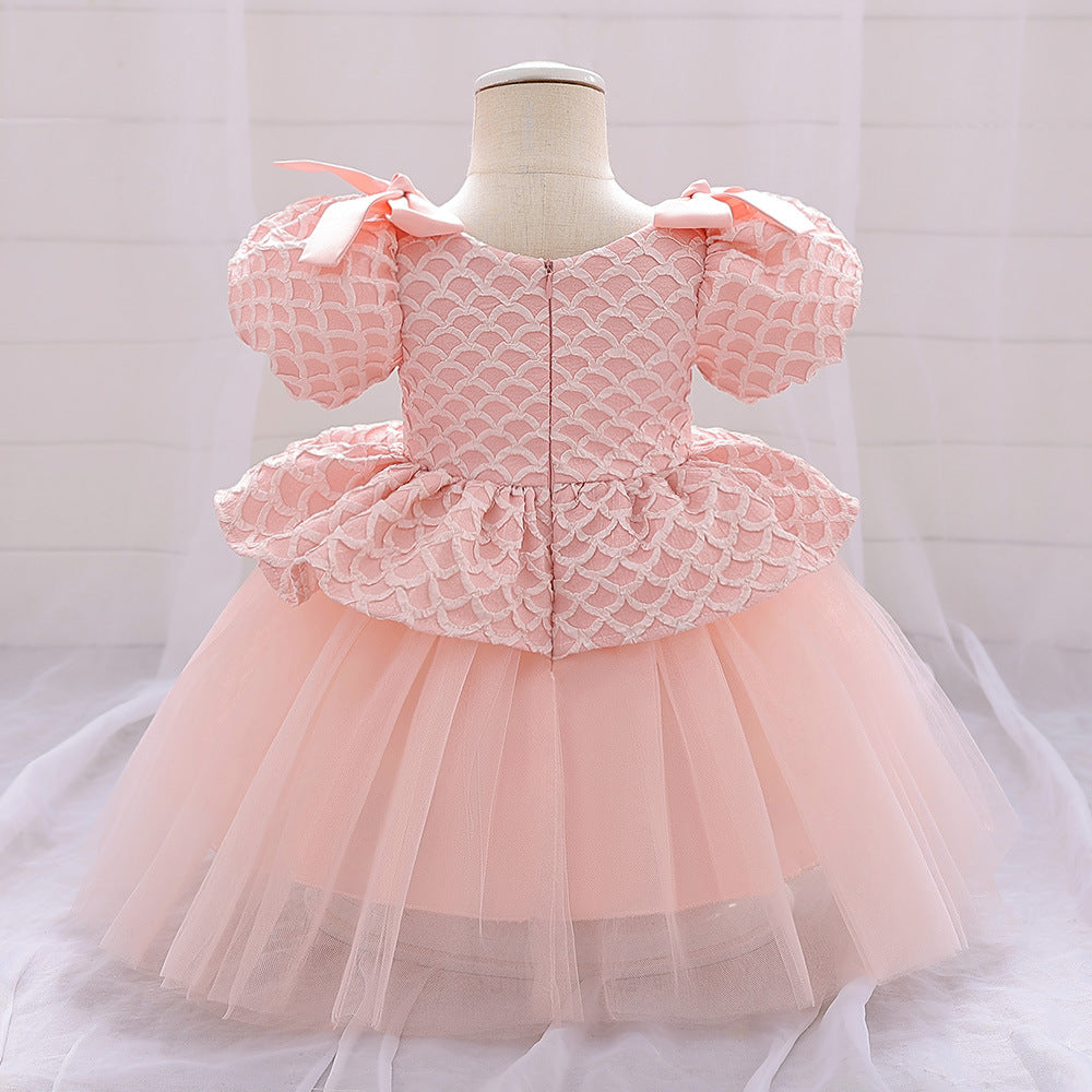 Cute Puff Sleeve A-Line Baby Dress with Bowknot & Ruffle Skirt