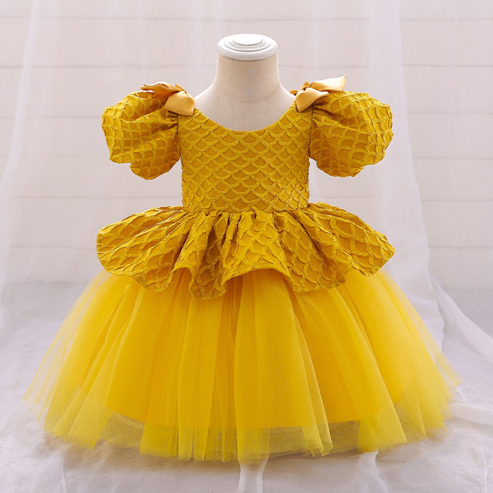 Cute Puff Sleeve A-Line Baby Dress with Bowknot & Ruffle Skirt