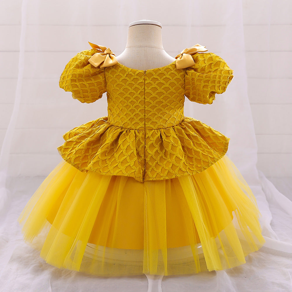 Cute Puff Sleeve A-Line Baby Dress with Bowknot & Ruffle Skirt