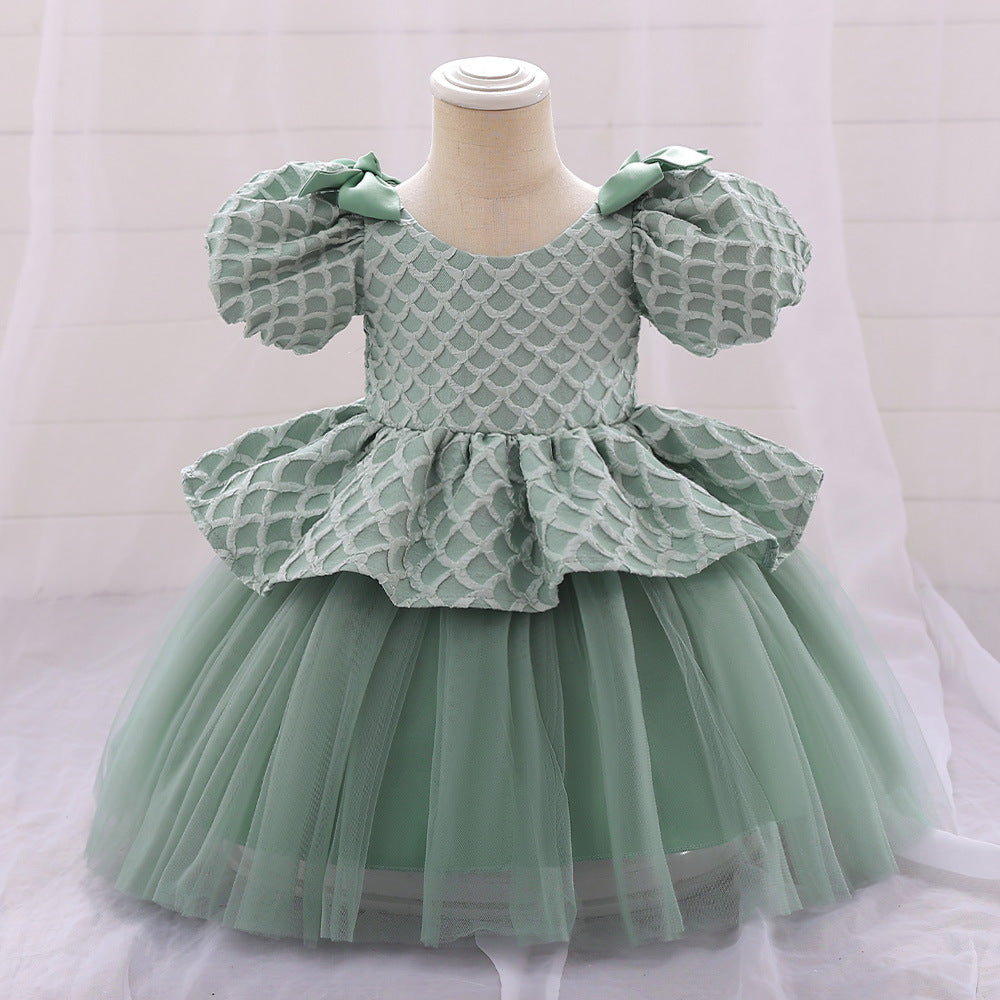 Cute Puff Sleeve A-Line Baby Dress with Bowknot & Ruffle Skirt