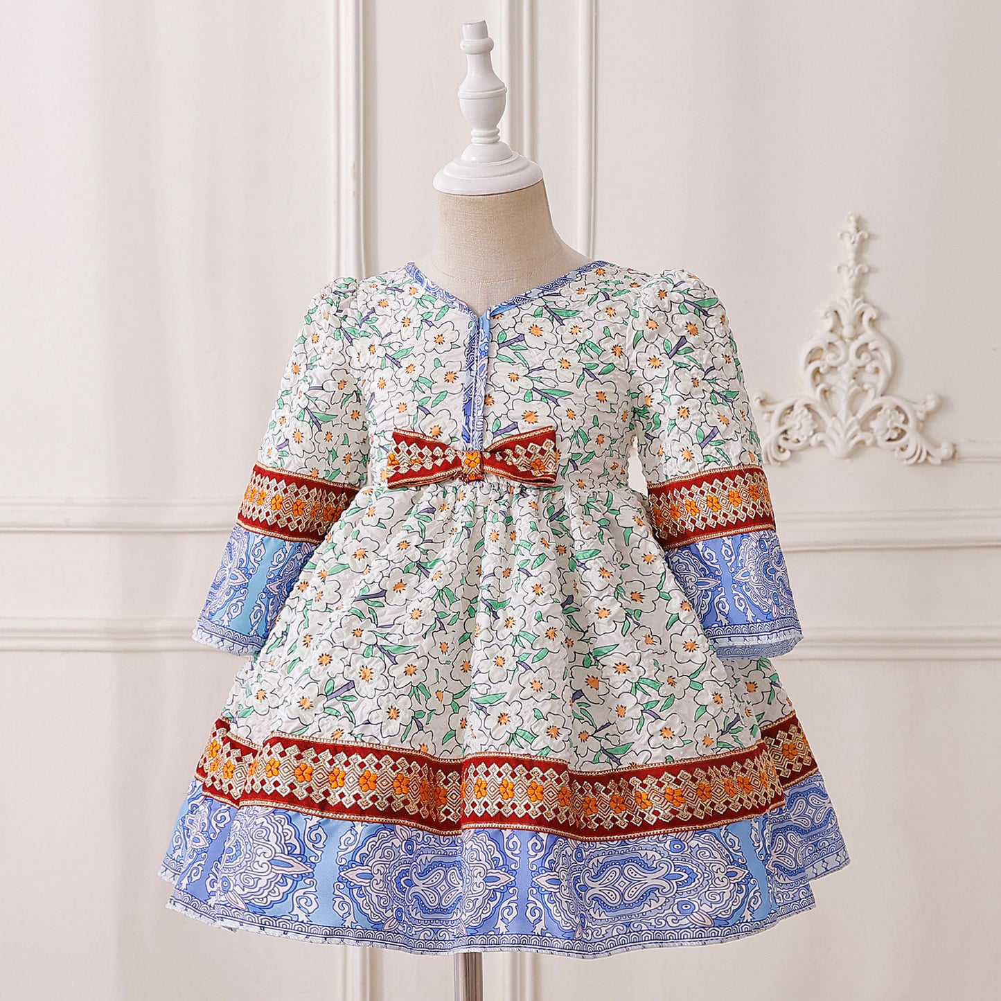 Cute A-Line Floral Bow Dress for Baby Girls, Long Sleeve, Tea Length
