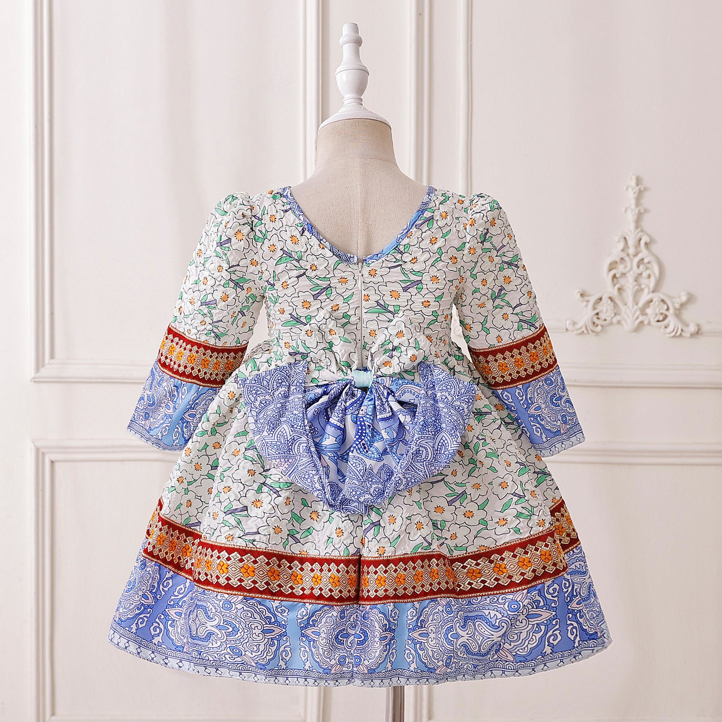Cute A-Line Floral Bow Dress for Baby Girls, Long Sleeve, Tea Length