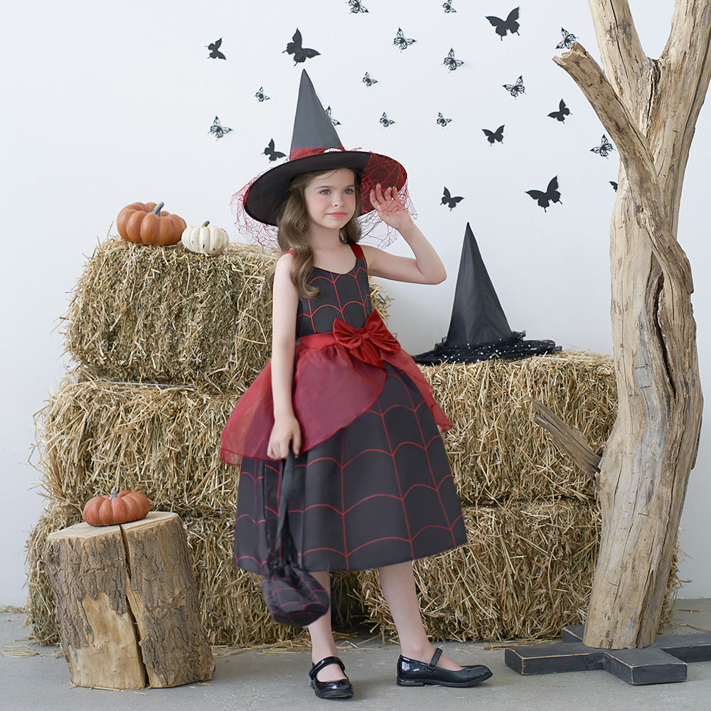 Cute Cartoon Print Bowknot A-Line Dress for Girls, Tea Length, Black