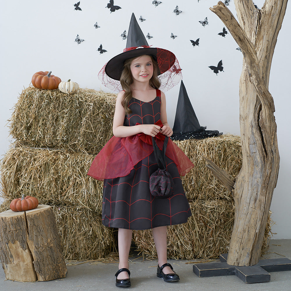Cute Cartoon Print Bowknot A-Line Dress for Girls, Tea Length, Black