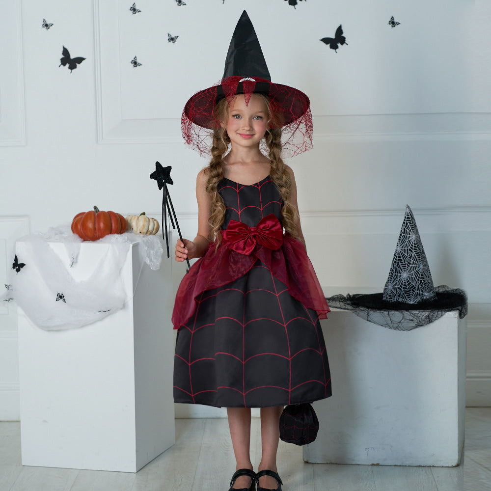 Cute Cartoon Print Bowknot A-Line Dress for Girls, Tea Length, Black