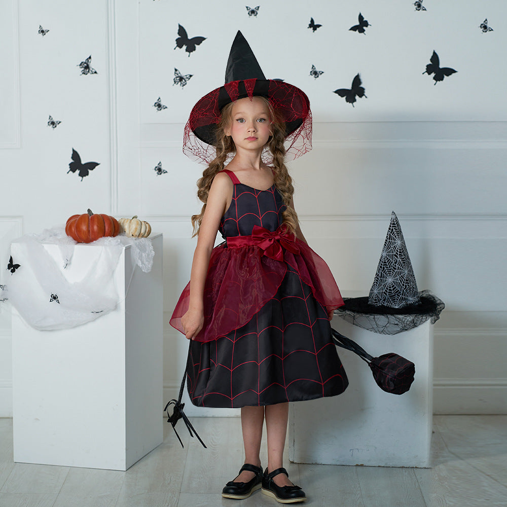 Cute Cartoon Print Bowknot A-Line Dress for Girls, Tea Length, Black