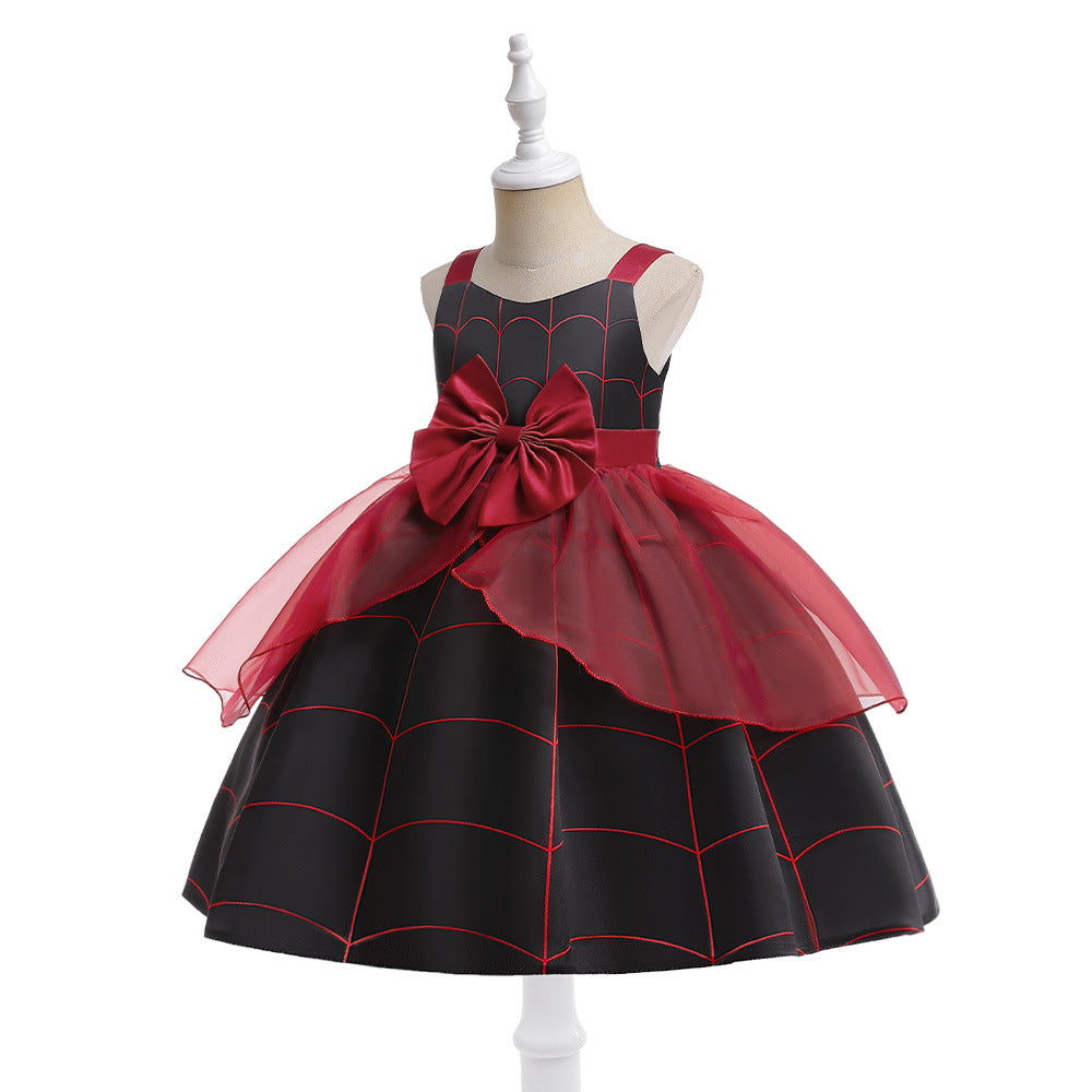 Cute Cartoon Print Bowknot A-Line Dress for Girls, Tea Length, Black