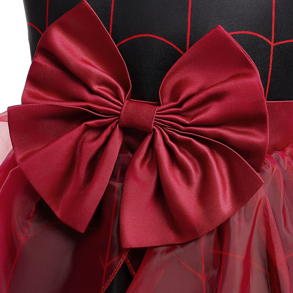 Cute Cartoon Print Bowknot A-Line Dress for Girls, Tea Length, Black
