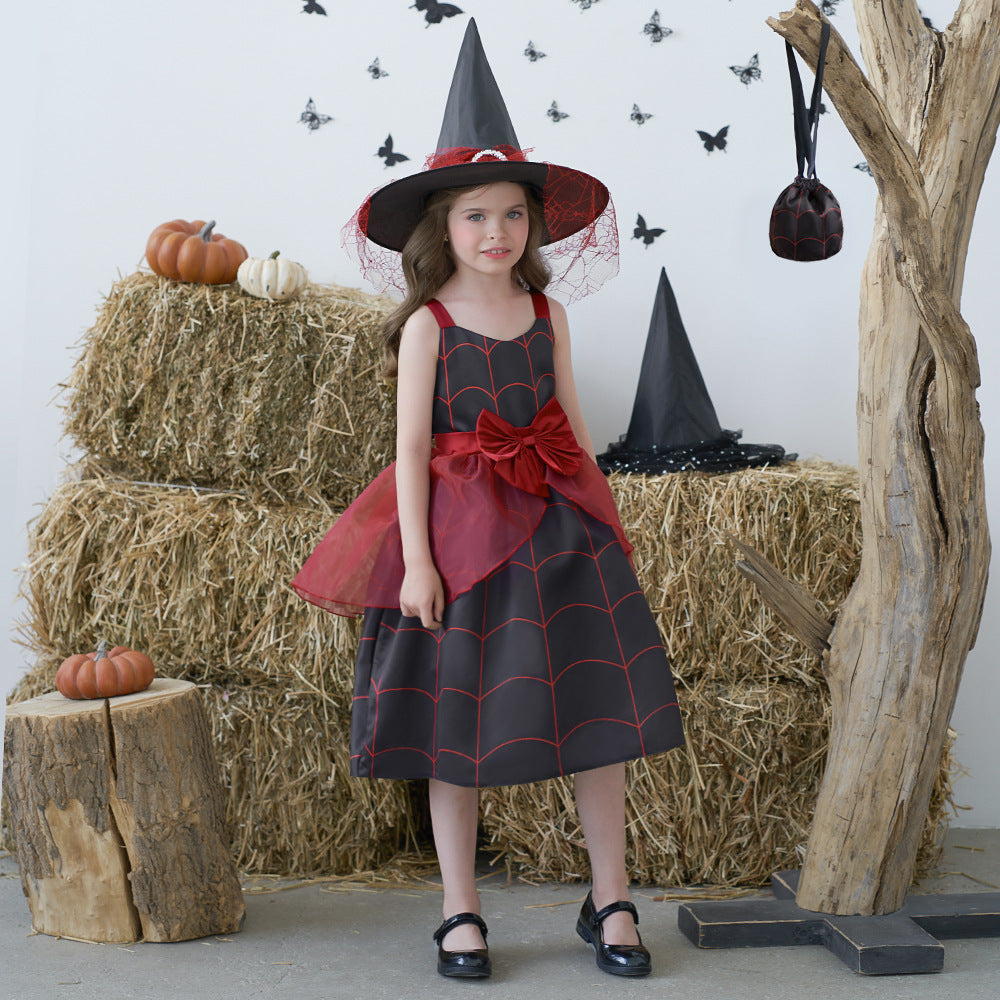 Cute Cartoon Print Bowknot A-Line Dress for Girls, Tea Length, Black