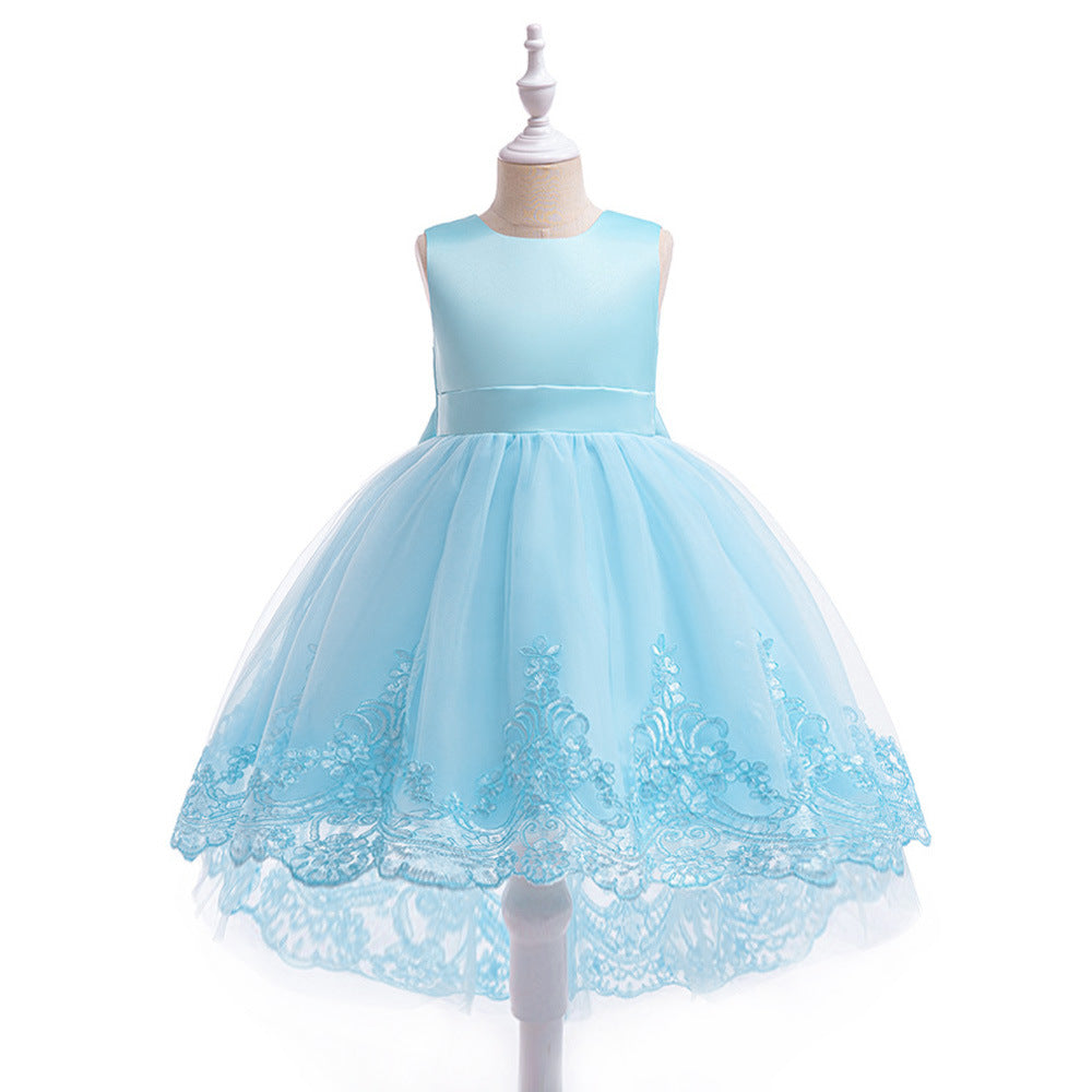 Charming High-Low A-Line Satin & Tulle Girl's Party Dress with Bow & Lace