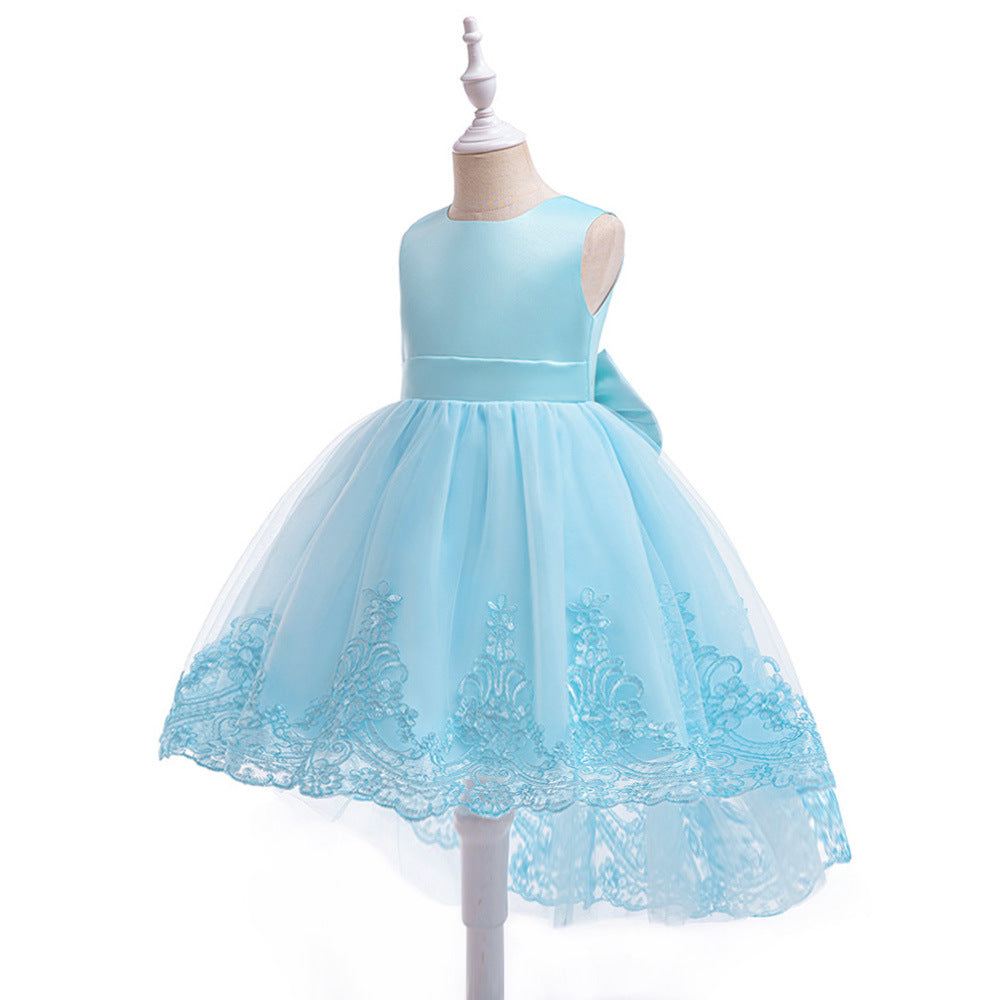 Charming High-Low A-Line Satin & Tulle Girl's Party Dress with Bow & Lace