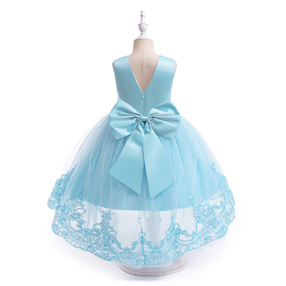 Charming High-Low A-Line Satin & Tulle Girl's Party Dress with Bow & Lace