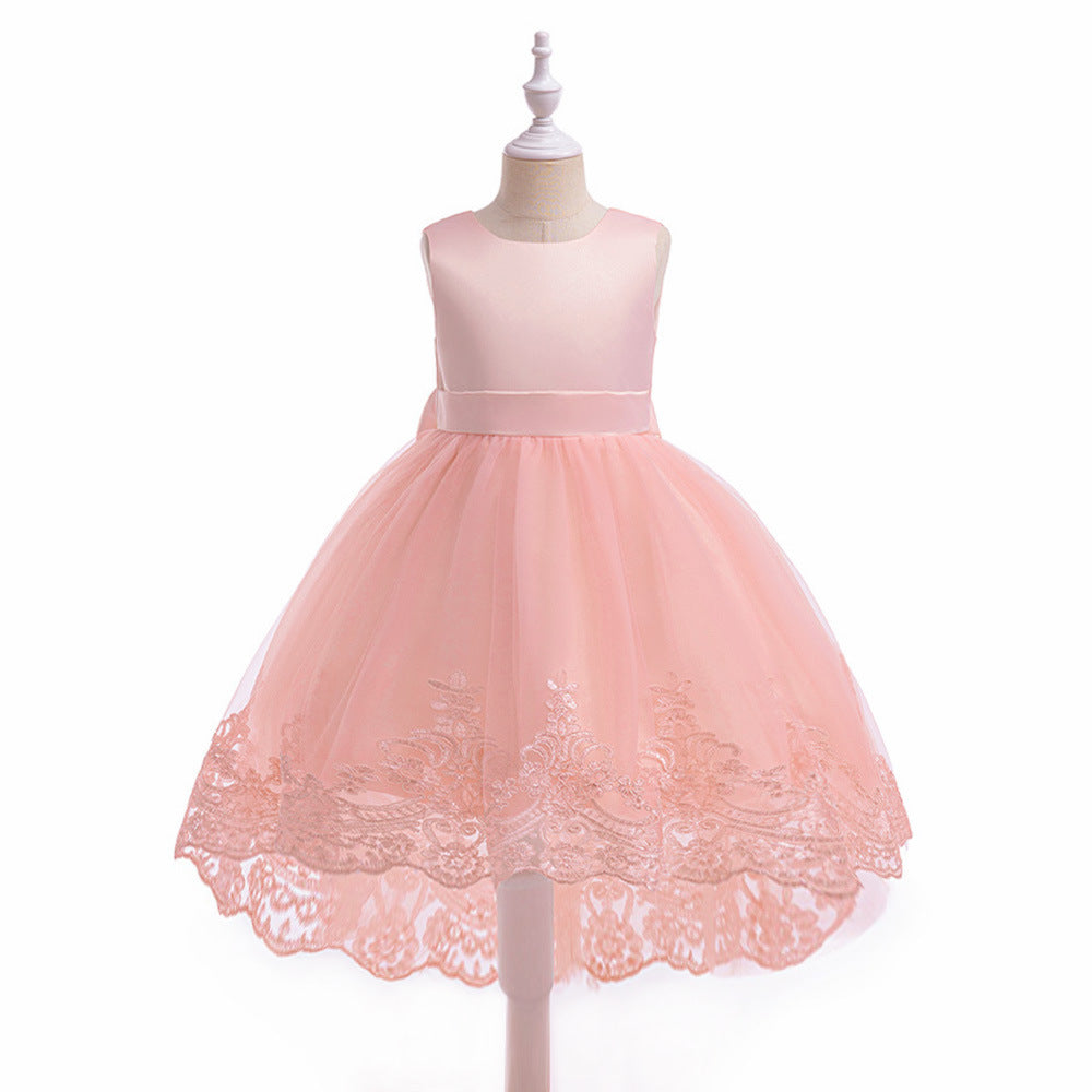 Charming High-Low A-Line Satin & Tulle Girl's Party Dress with Bow & Lace