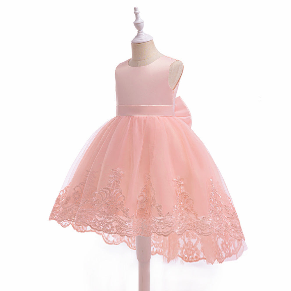 Charming High-Low A-Line Satin & Tulle Girl's Party Dress with Bow & Lace