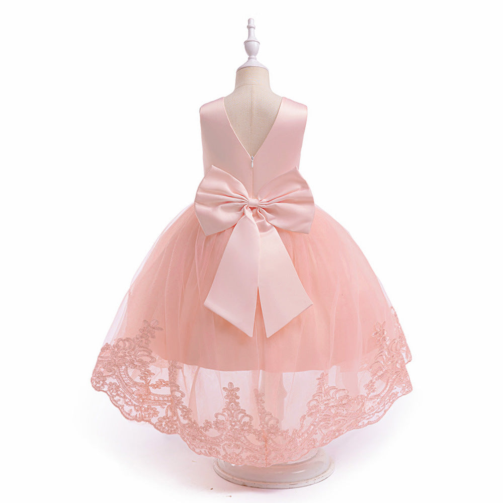 Charming High-Low A-Line Satin & Tulle Girl's Party Dress with Bow & Lace