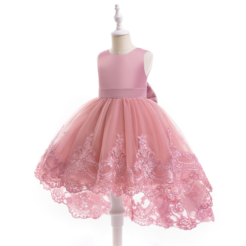 Charming High-Low A-Line Satin & Tulle Girl's Party Dress with Bow & Lace