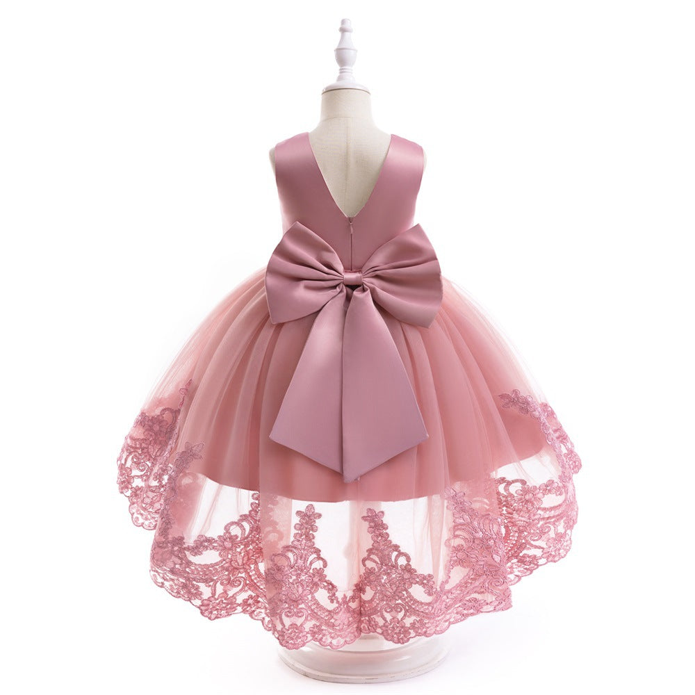 Charming High-Low A-Line Satin & Tulle Girl's Party Dress with Bow & Lace