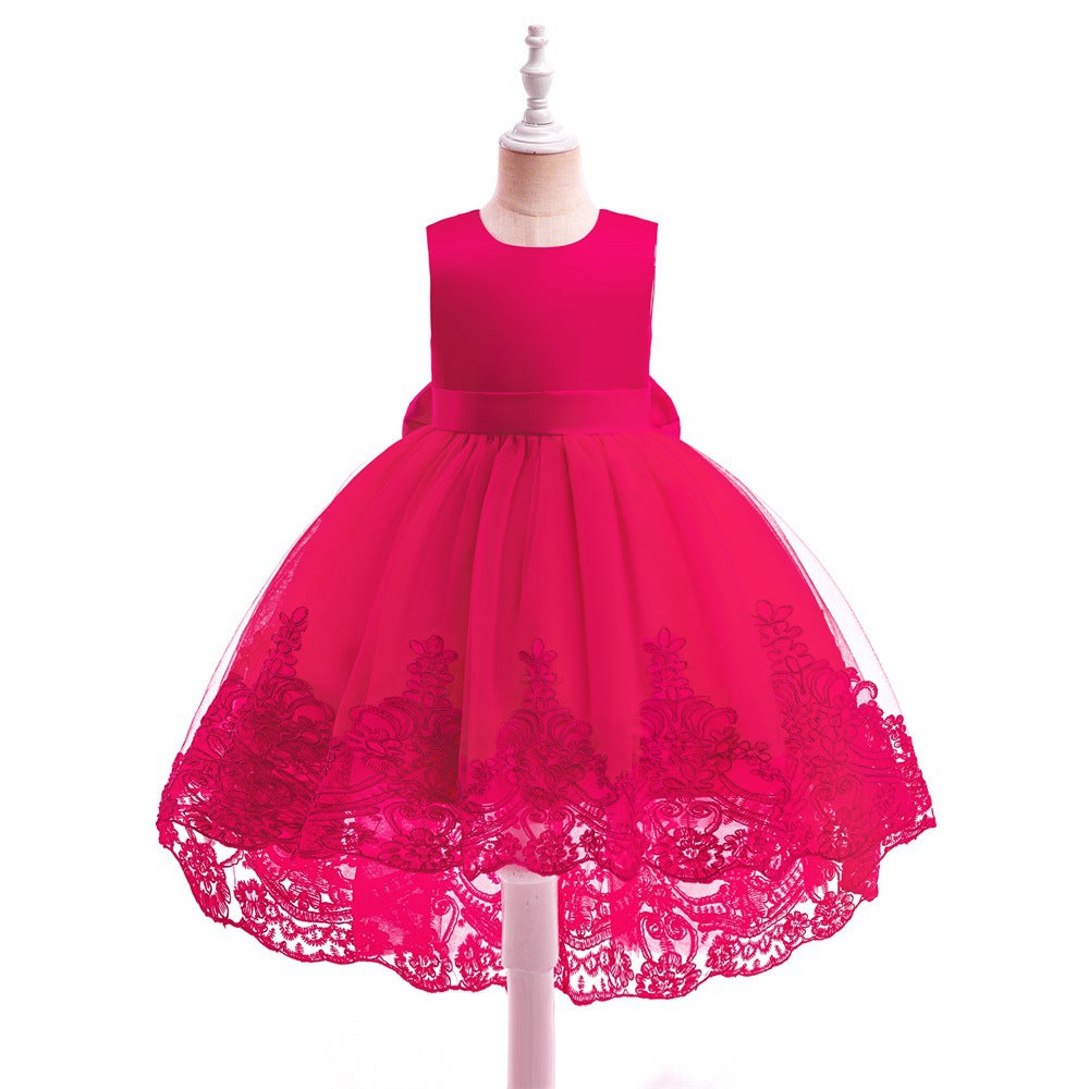 Charming High-Low A-Line Satin & Tulle Girl's Party Dress with Bow & Lace