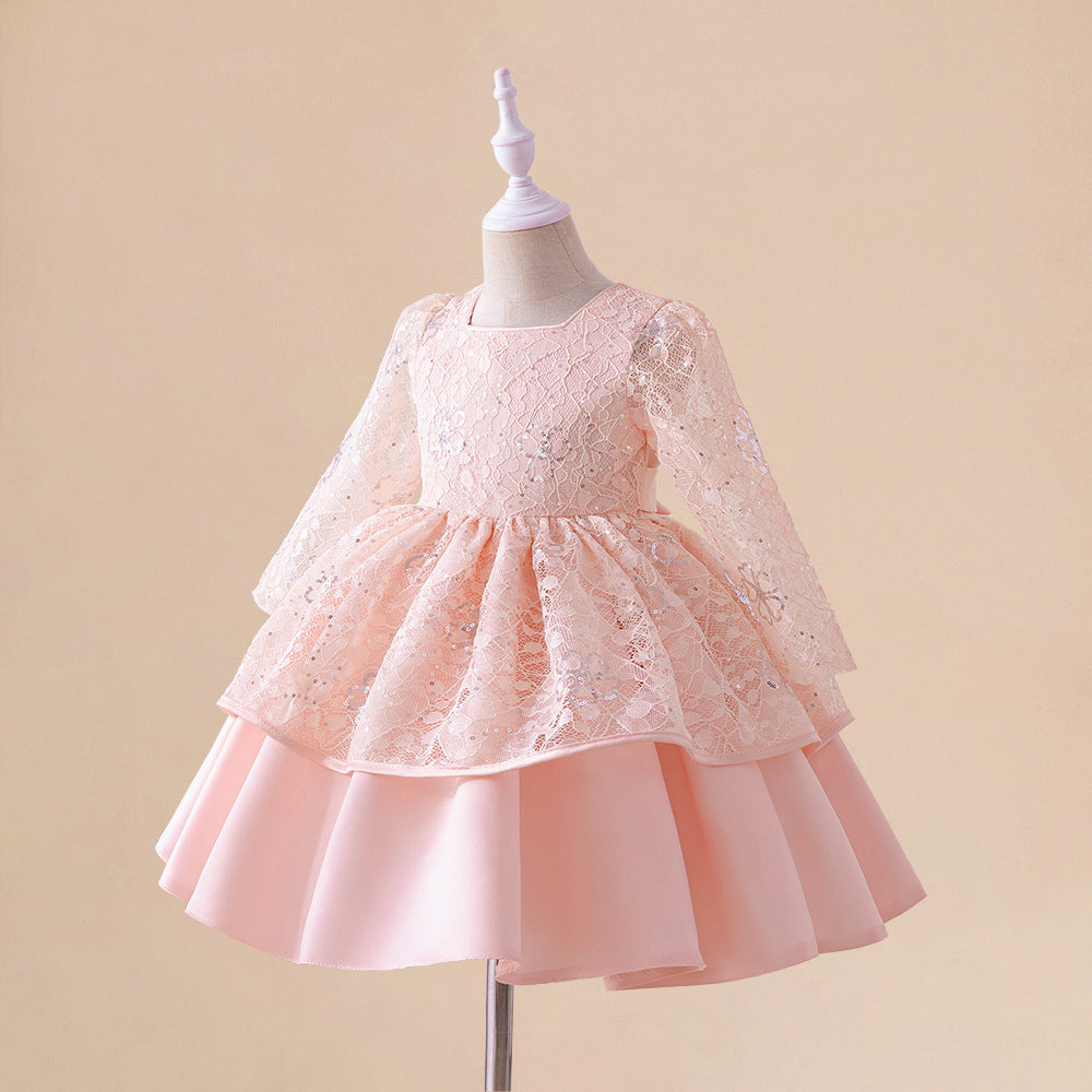 Sweet Light Pink Long Sleeve A-line Lace Party Dress for Girls (3-8Y)