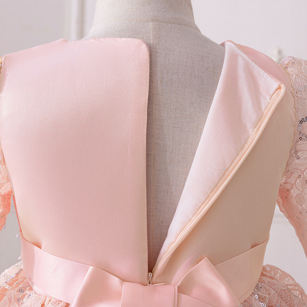 Sweet Light Pink Long Sleeve A-line Lace Party Dress for Girls (3-8Y)