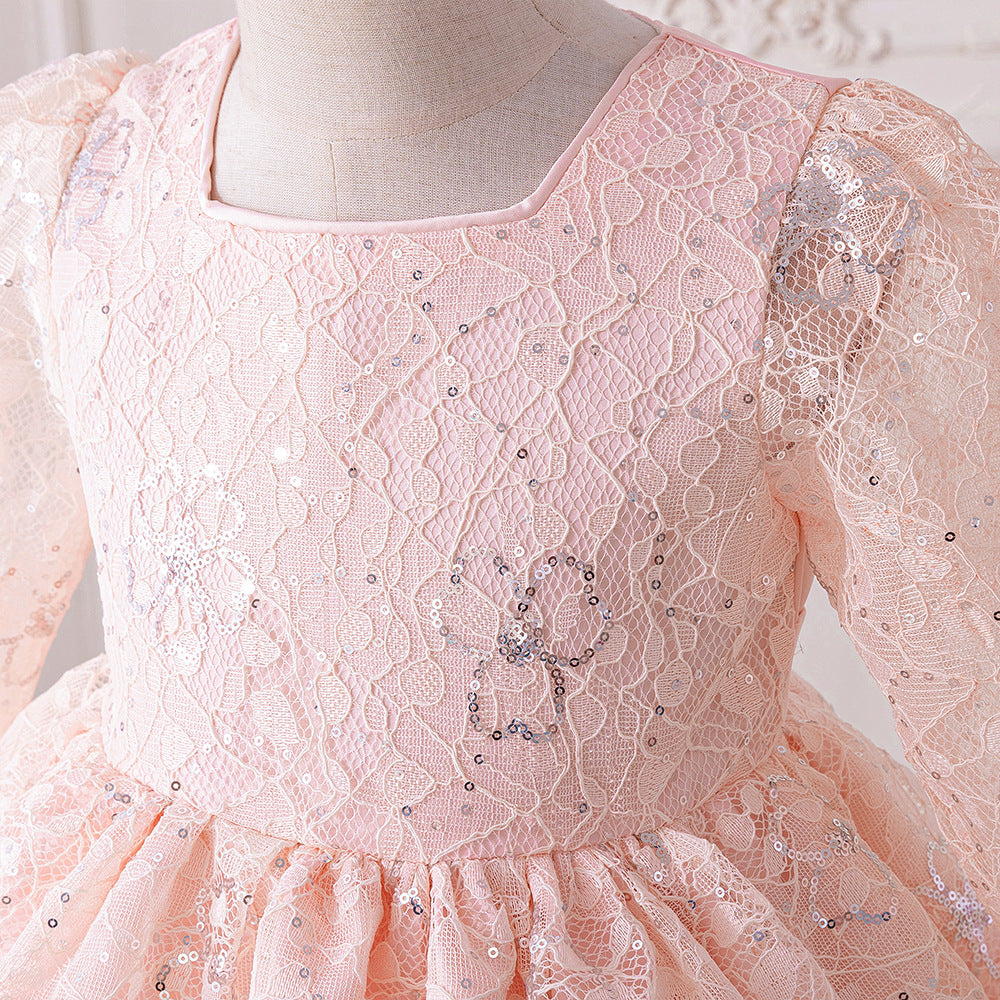 Sweet Light Pink Long Sleeve A-line Lace Party Dress for Girls (3-8Y)