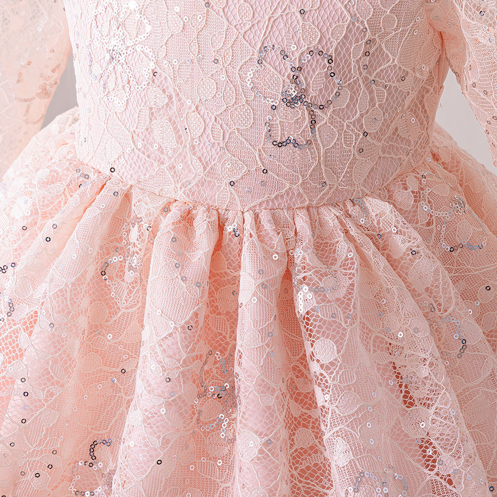 Sweet Light Pink Long Sleeve A-line Lace Party Dress for Girls (3-8Y)