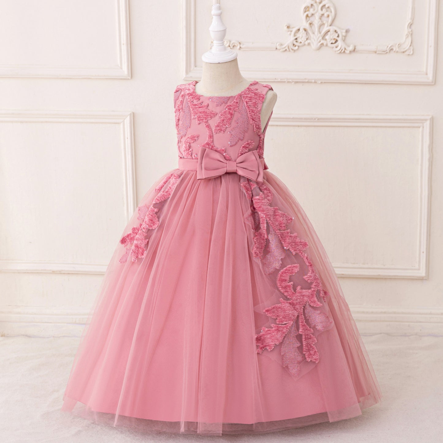 Cute Pink Maxi Tulle Party Dress for Girls with Embroidery & Bowknot, Ages 2-10