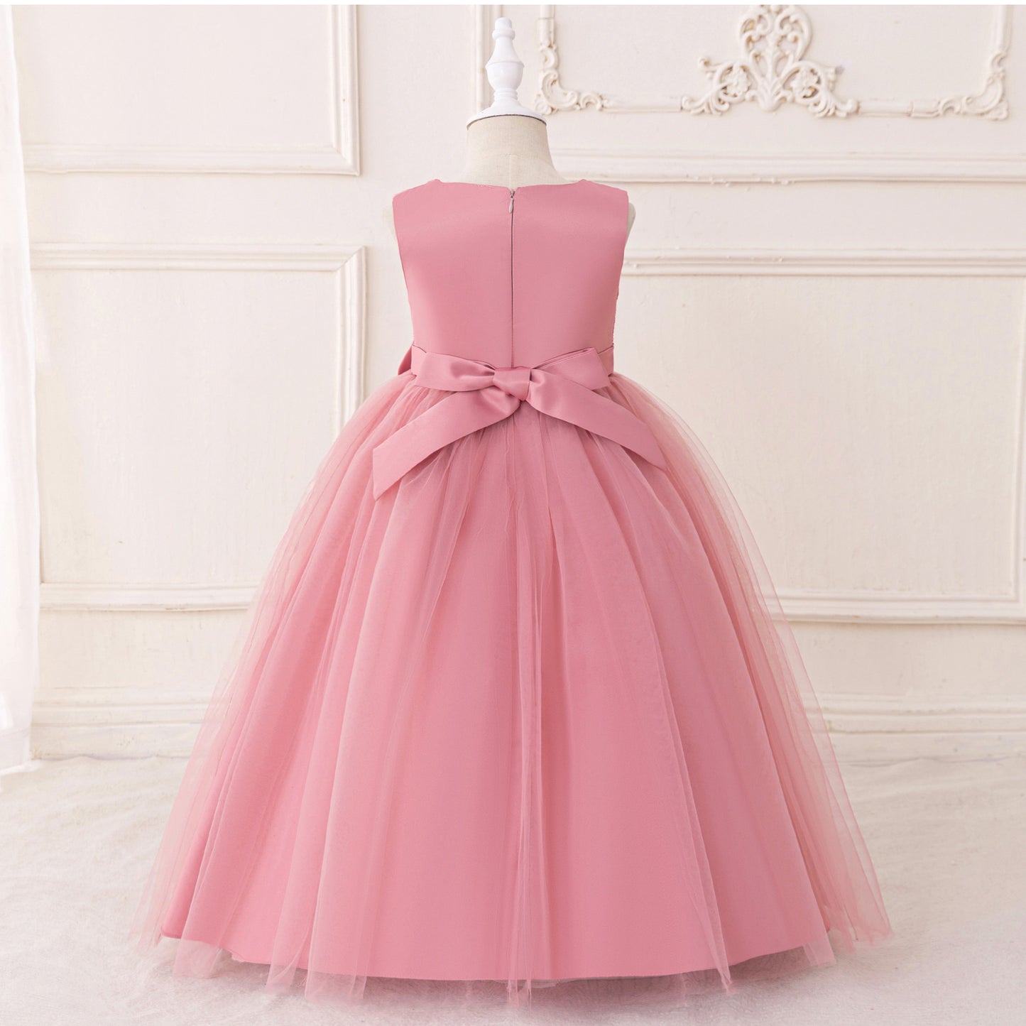 Cute Pink Maxi Tulle Party Dress for Girls with Embroidery & Bowknot, Ages 2-10