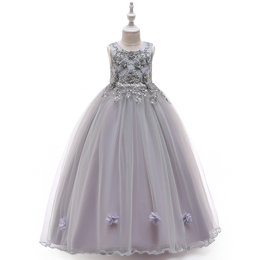 Cute A-Line Mesh Girls' Maxi Party Dress with Applique, Sequins & Beads
