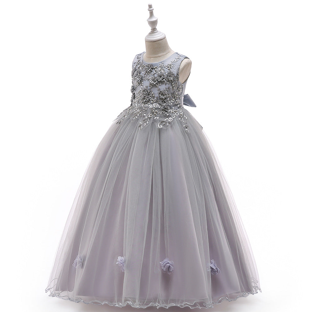 Cute A-Line Mesh Girls' Maxi Party Dress with Applique, Sequins & Beads