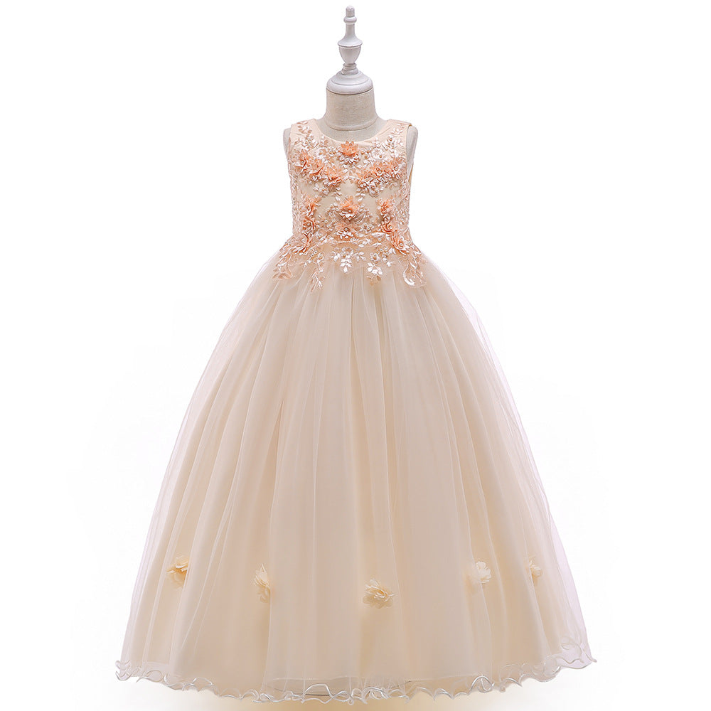 Cute A-Line Mesh Girls' Maxi Party Dress with Applique, Sequins & Beads