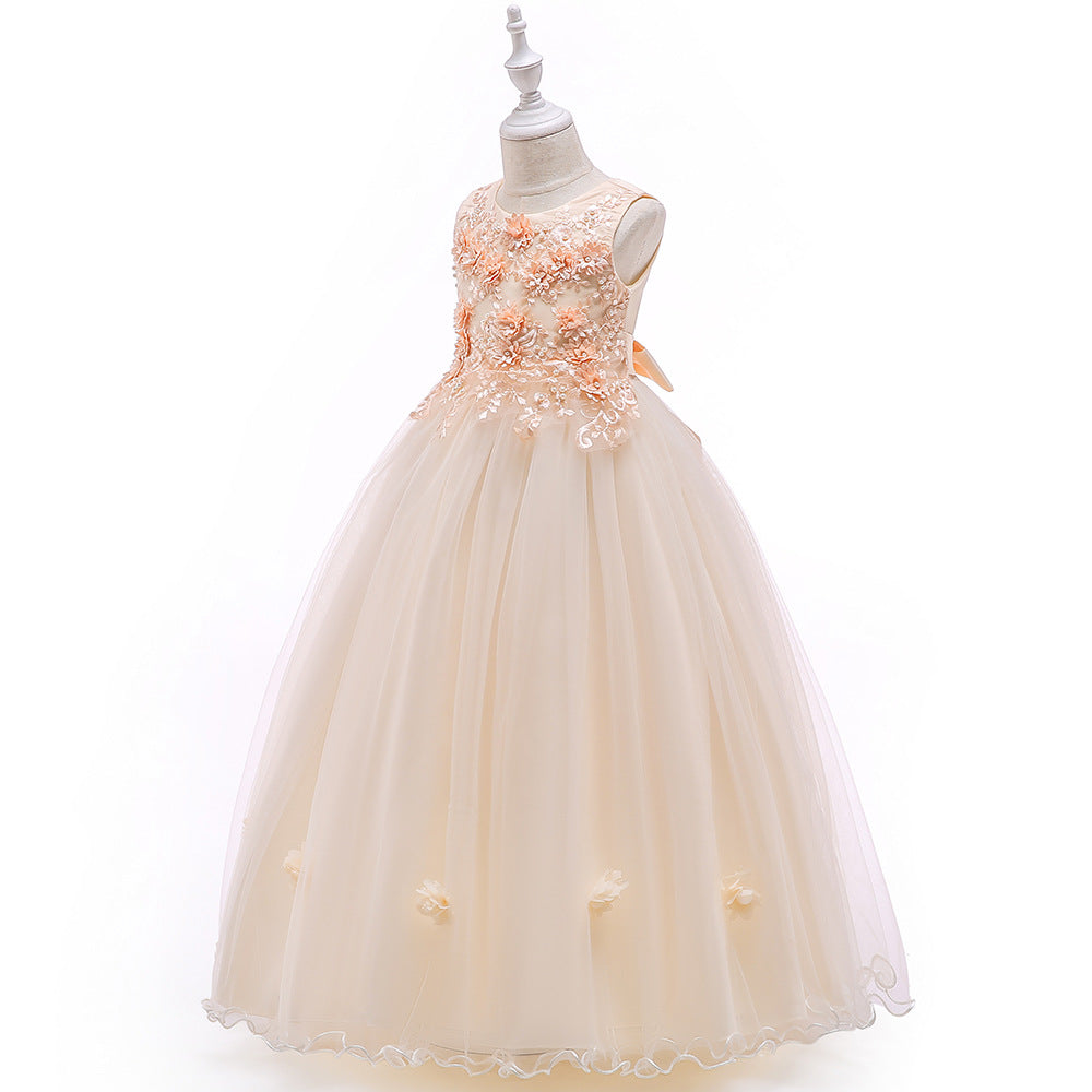 Cute A-Line Mesh Girls' Maxi Party Dress with Applique, Sequins & Beads