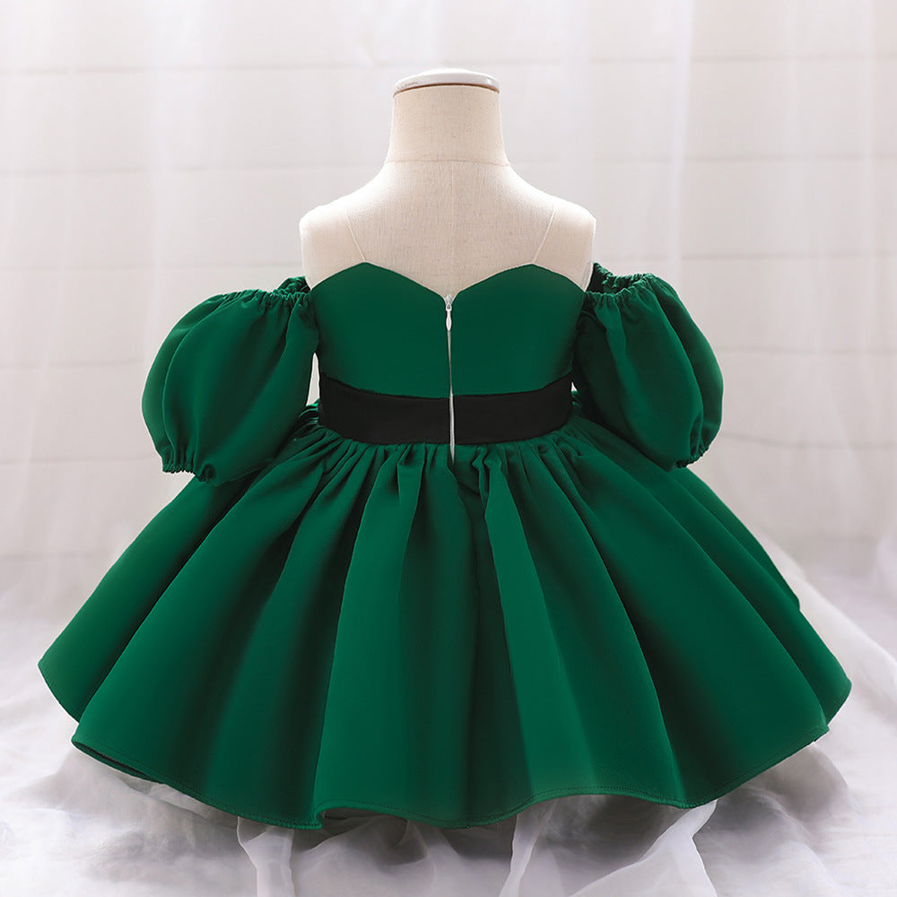 A-Line Satin Baby Dress with Sweetheart Neck & Ruffle Sleeves – For Girls 9-24 Months